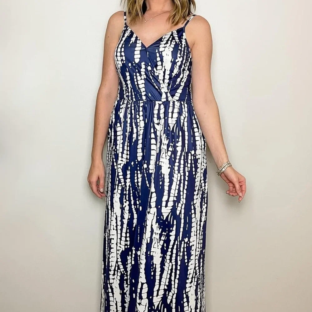 OUGES Women Summer Maxi Dress V NeckStraps  with Pockets Small - Picture 4 of 6